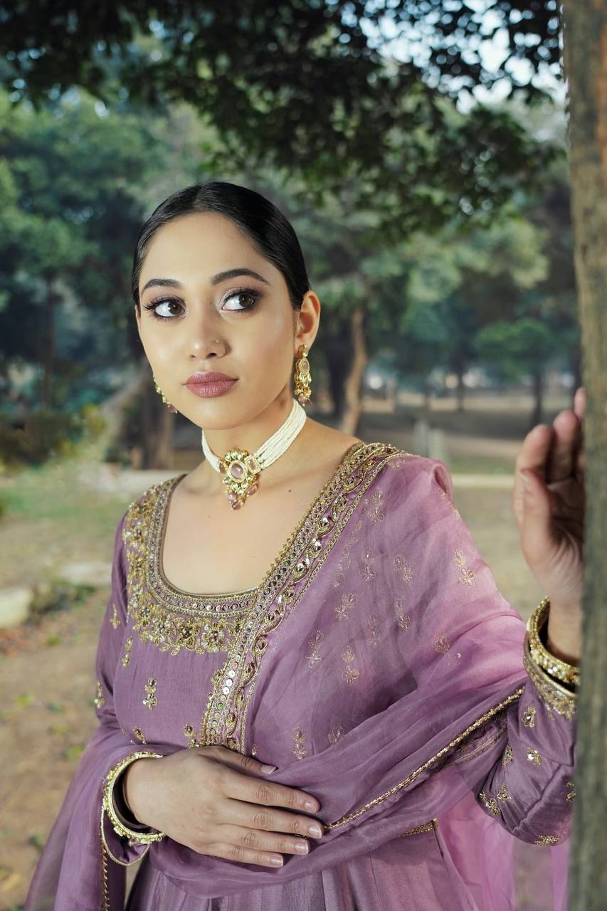 Classic Chinon Silk Lavender Color Anarkali Gown