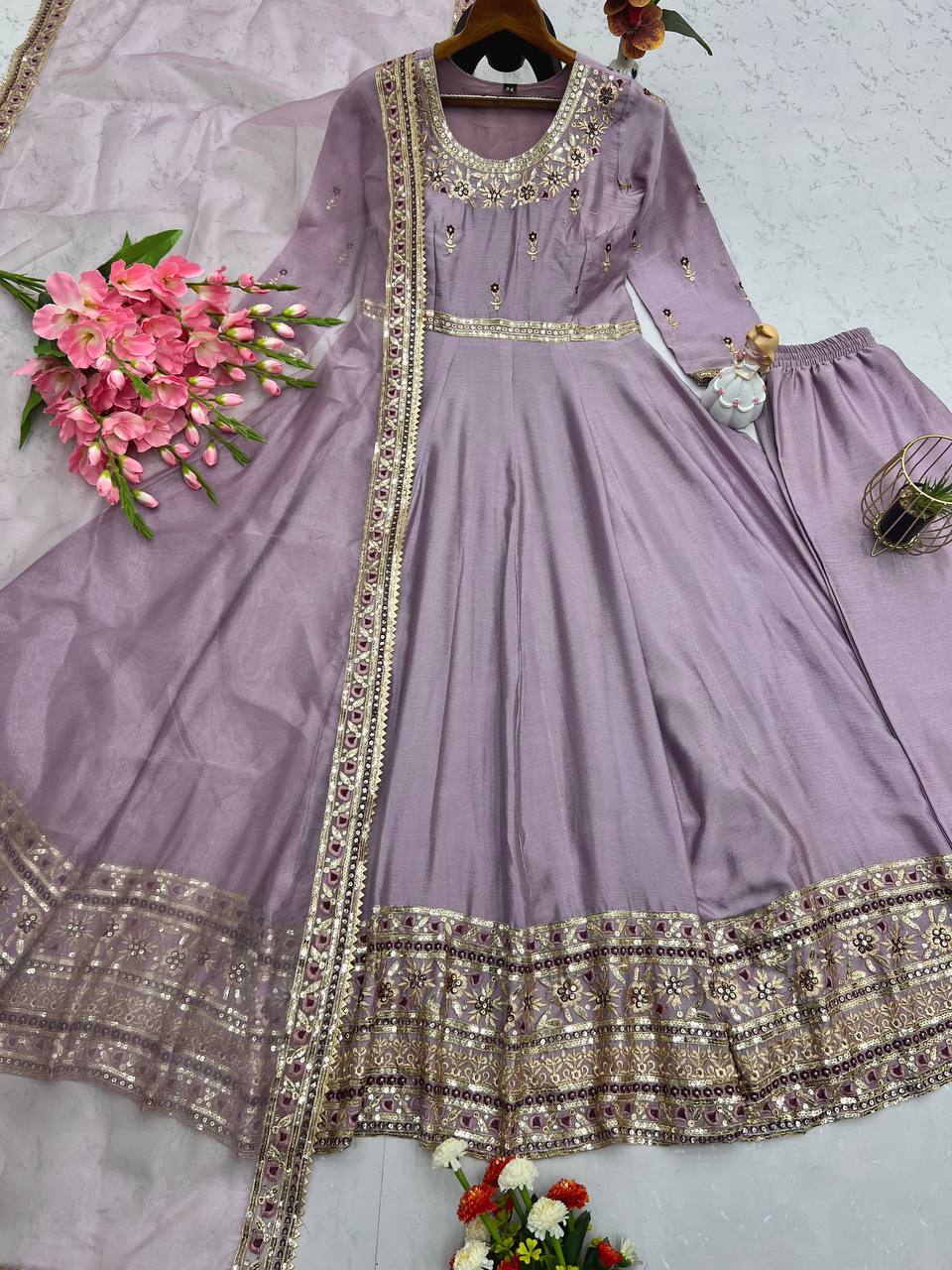 Classic Chinon Silk Lavender Color Anarkali Gown
