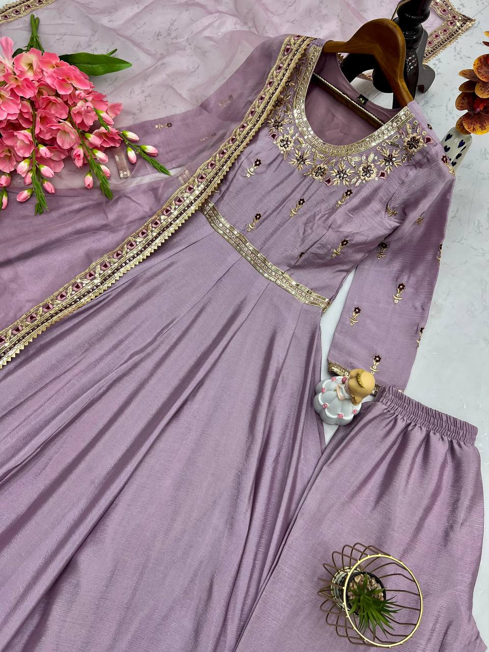 Classic Chinon Silk Lavender Color Anarkali Gown
