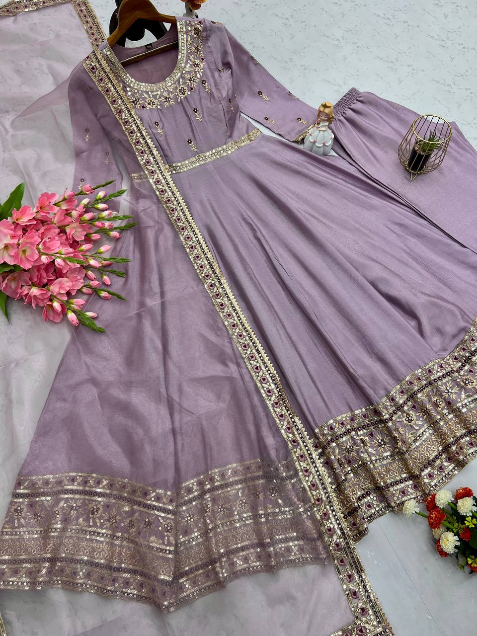 Classic Chinon Silk Lavender Color Anarkali Gown