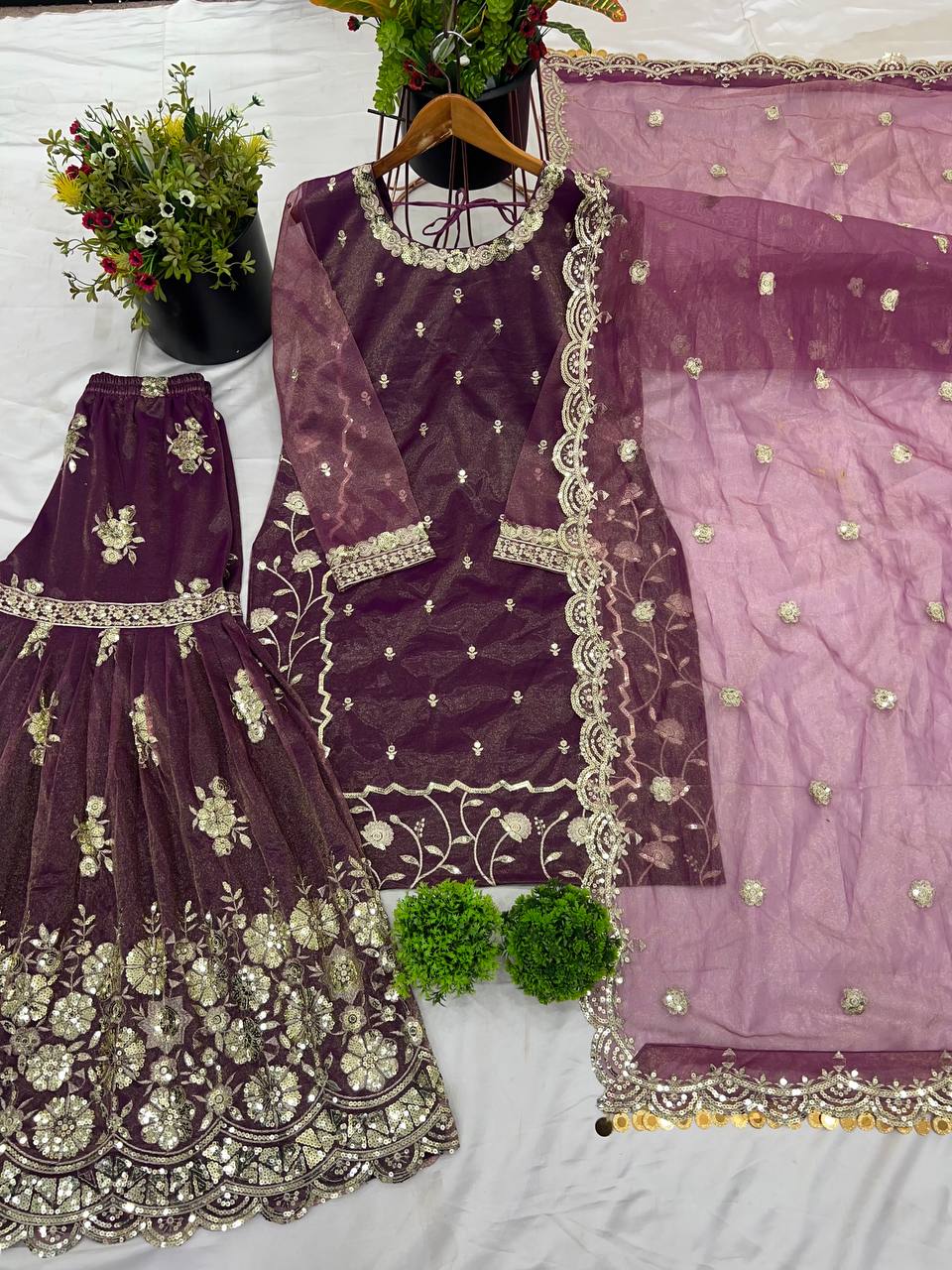 Peaceful Heavy Embroidery Work Purple Color Sharara Suit