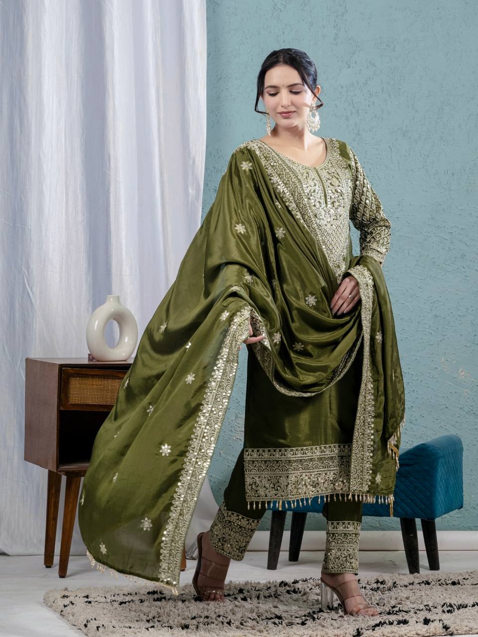 Superhit Chinnon Silk Mehndi Wear Salwar Suit
