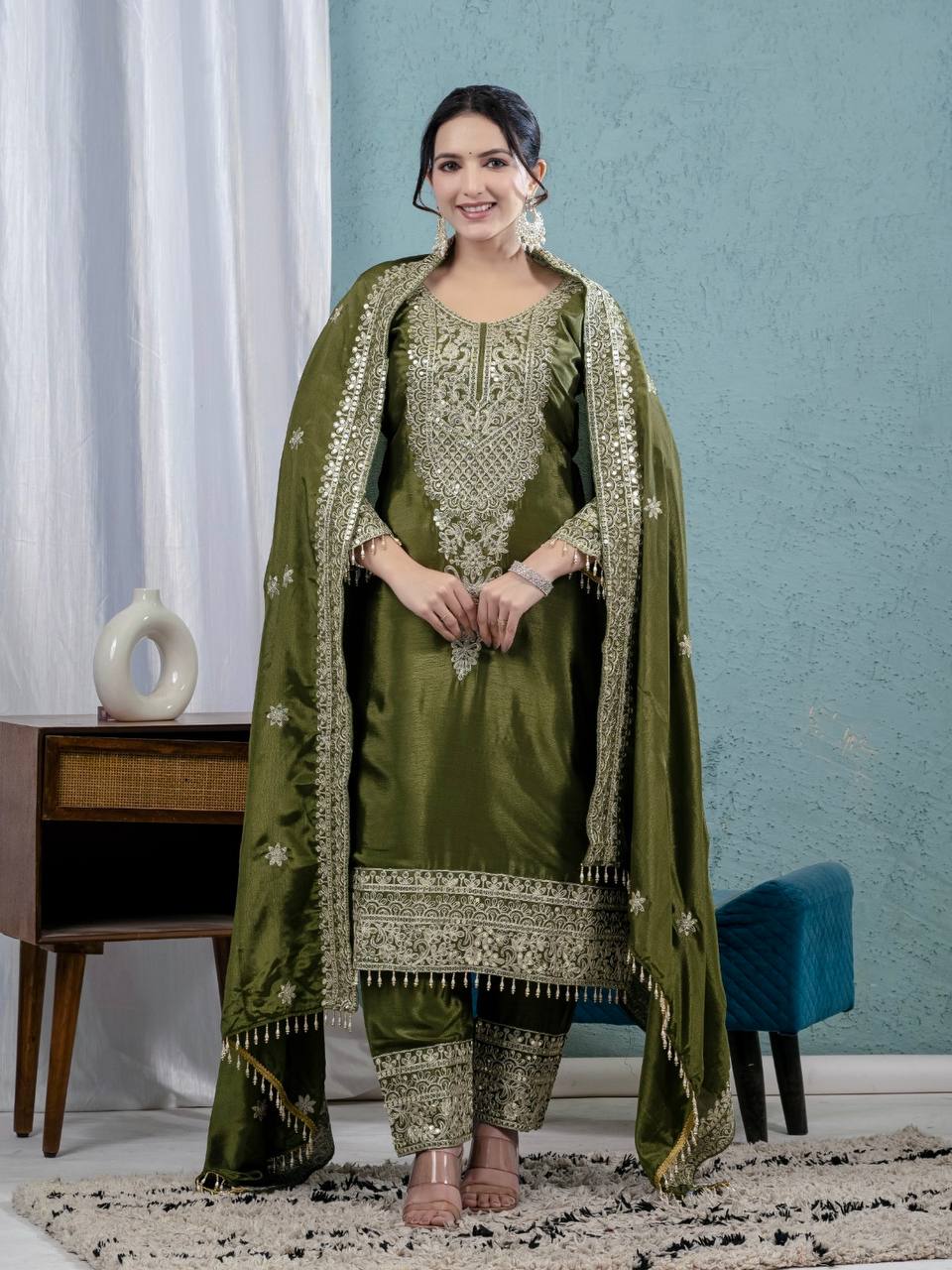 Superhit Chinnon Silk Mehndi Wear Salwar Suit