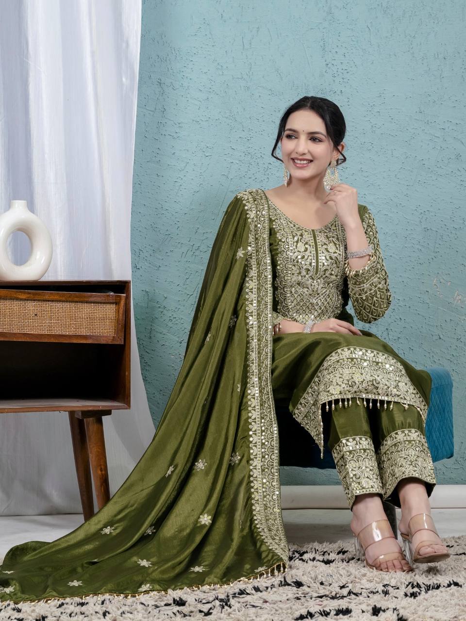 Superhit Chinnon Silk Mehndi Wear Salwar Suit