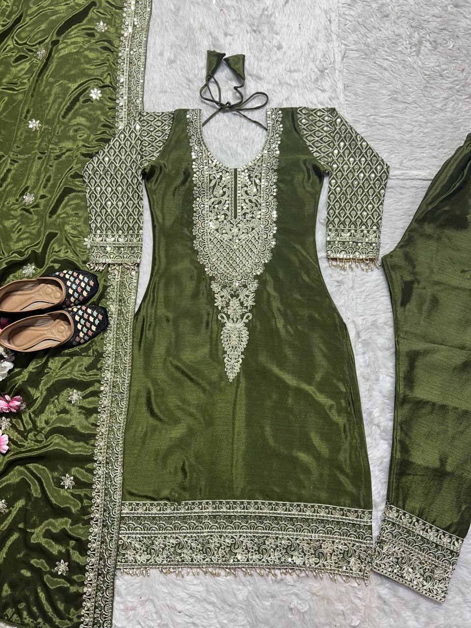 Superhit Chinnon Silk Mehndi Wear Salwar Suit