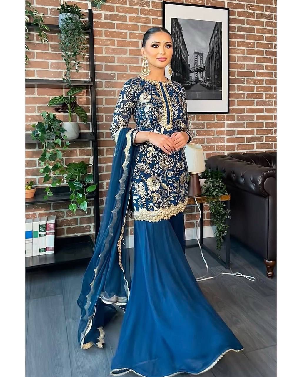 Superhit Gorgette Sequence Work Teal Blue Color Sharara Suit