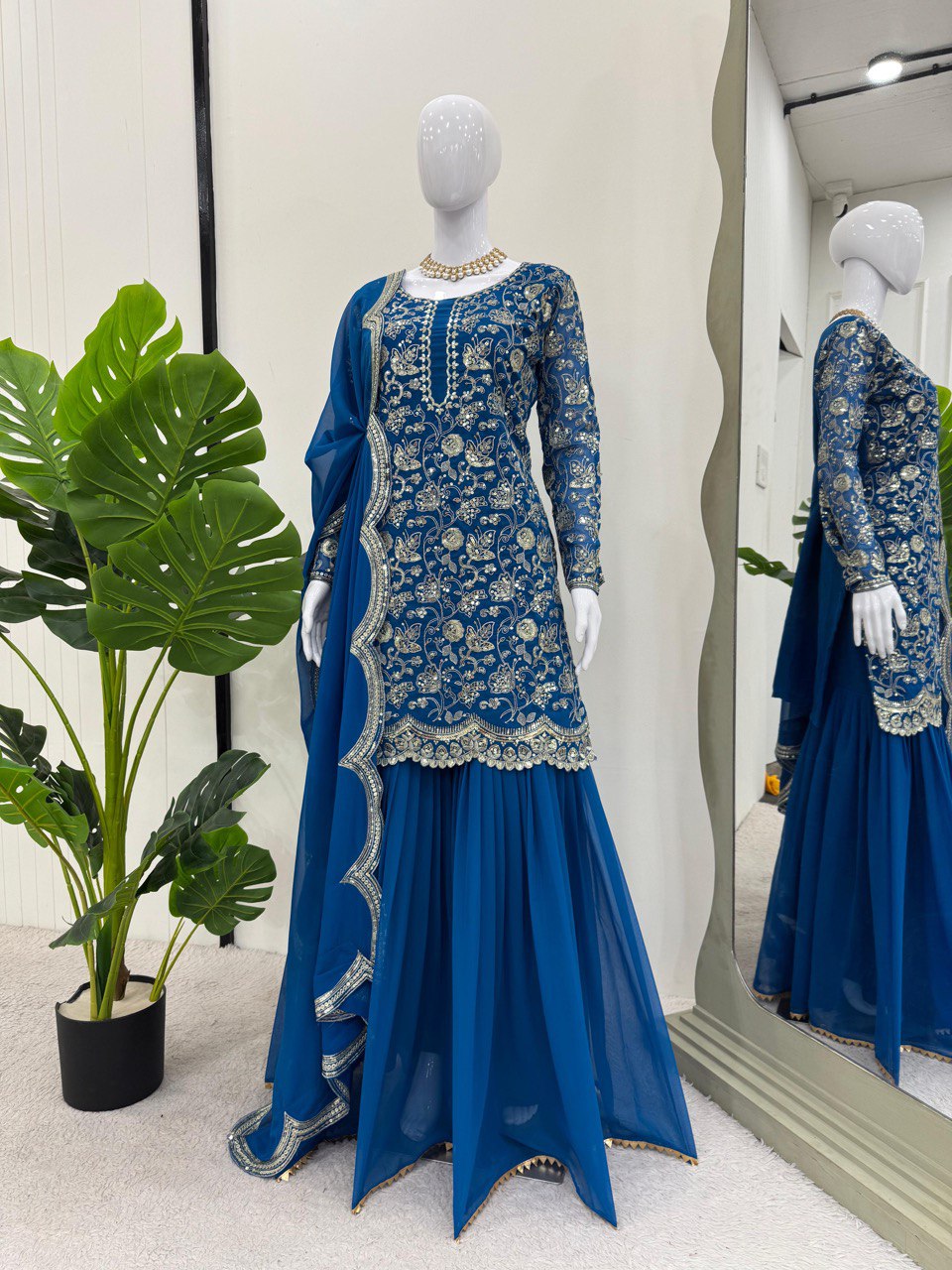 Superhit Gorgette Sequence Work Teal Blue Color Sharara Suit