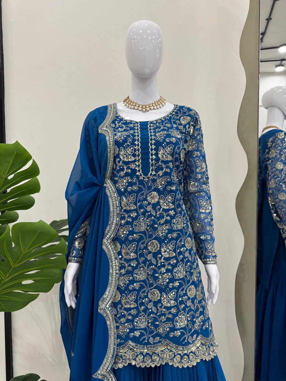 Superhit Gorgette Sequence Work Teal Blue Color Sharara Suit