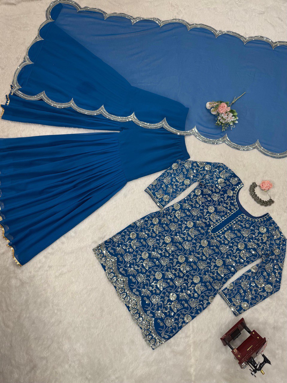 Superhit Gorgette Sequence Work Teal Blue Color Sharara Suit