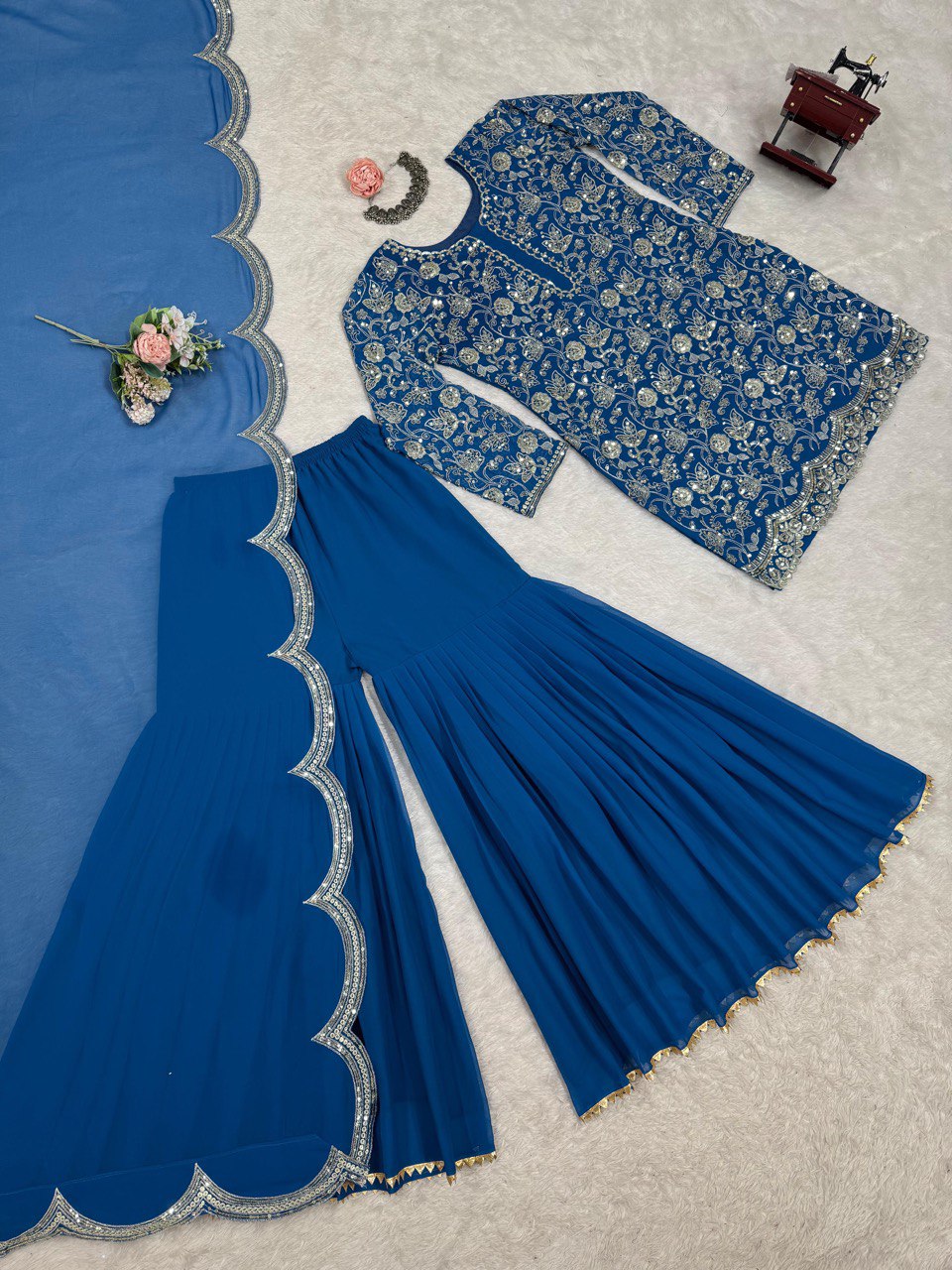 Superhit Gorgette Sequence Work Teal Blue Color Sharara Suit