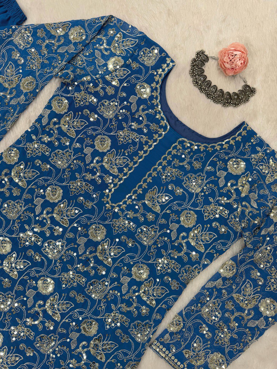Superhit Gorgette Sequence Work Teal Blue Color Sharara Suit