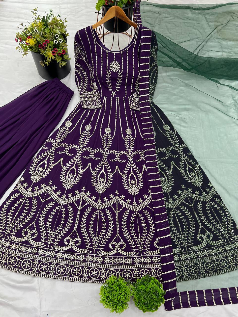 Ravishing Georgette Sequence Work Wine Color Gown