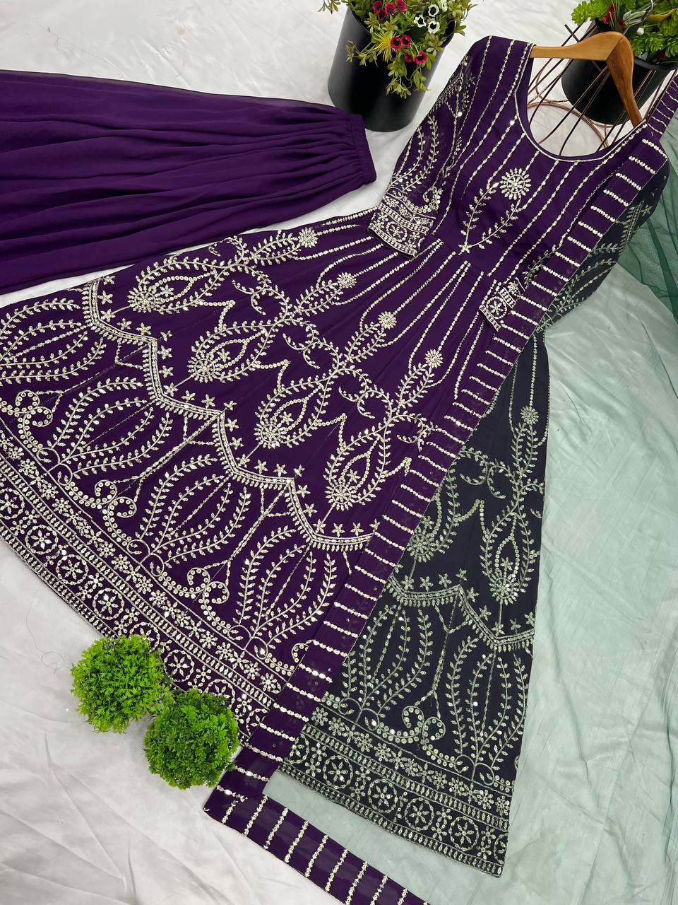 Ravishing Georgette Sequence Work Wine Color Gown