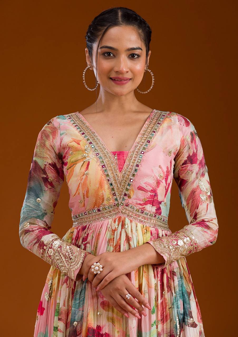 Awesome Chinon Silk Multi Color Floral Prints Gown