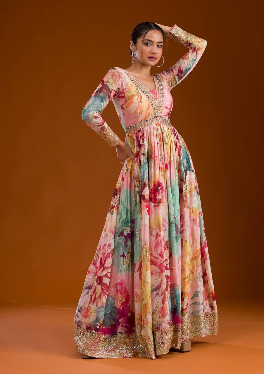 Awesome Chinon Silk Multi Color Floral Prints Gown