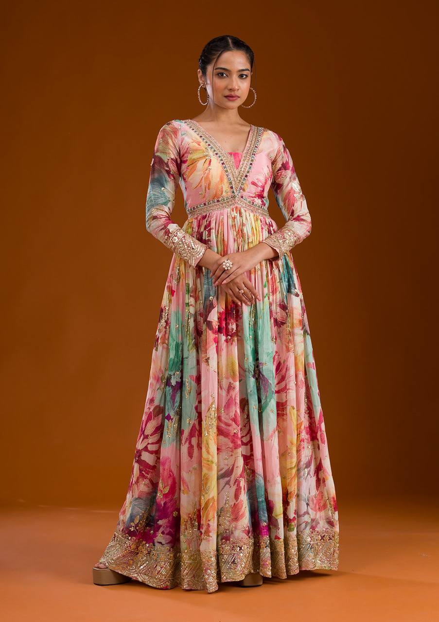 Awesome Chinon Silk Multi Color Floral Prints Gown