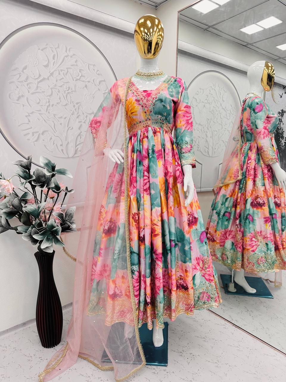 Awesome Chinon Silk Multi Color Floral Prints Gown