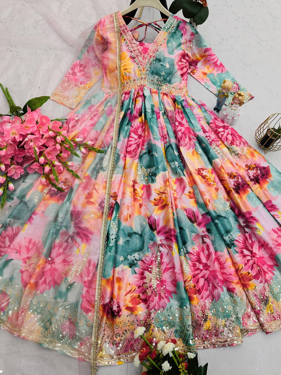Awesome Chinon Silk Multi Color Floral Prints Gown