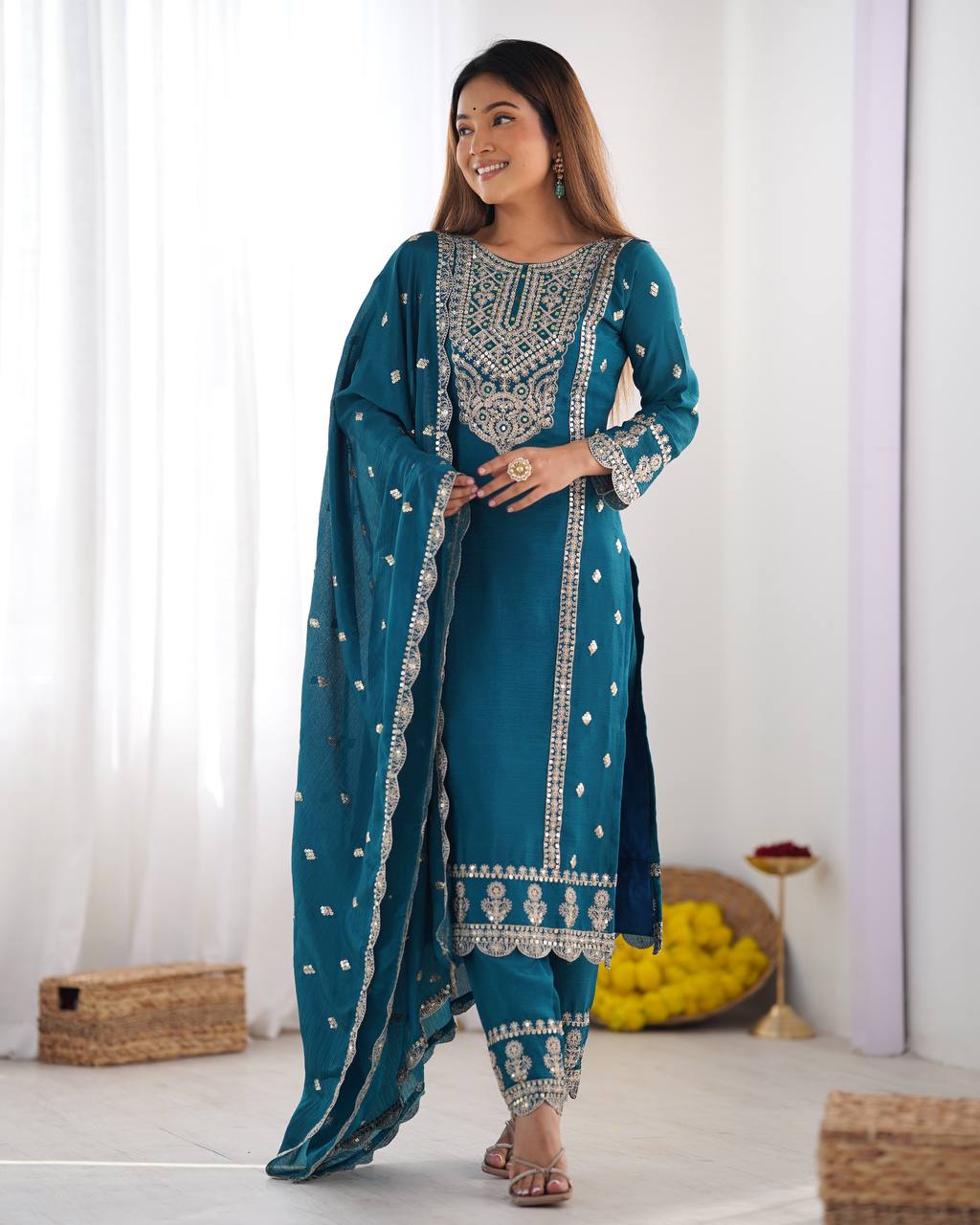 Fabulous Real Mirror Khatli Work Teal Blue Color Salwar Suit