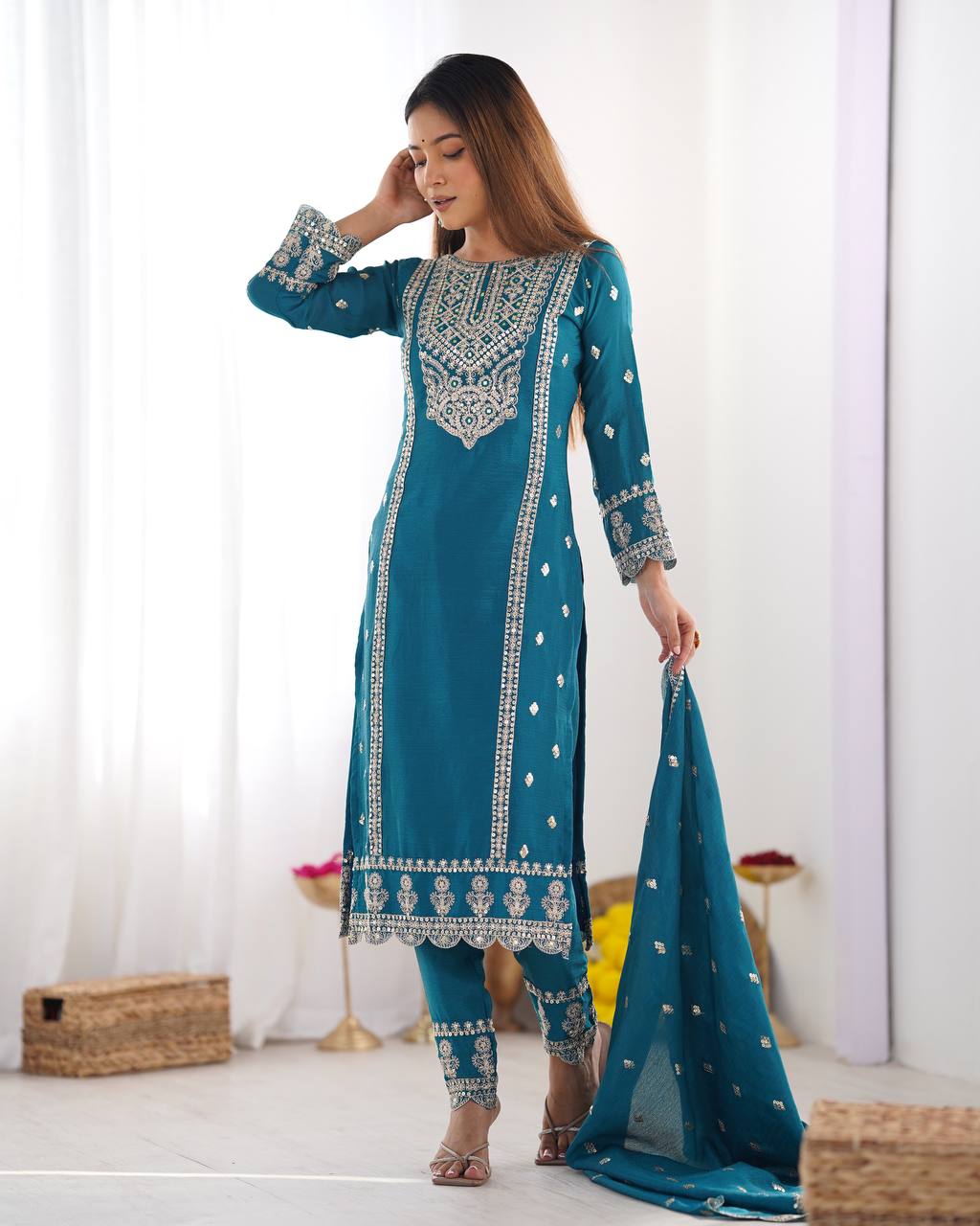 Fabulous Real Mirror Khatli Work Teal Blue Color Salwar Suit