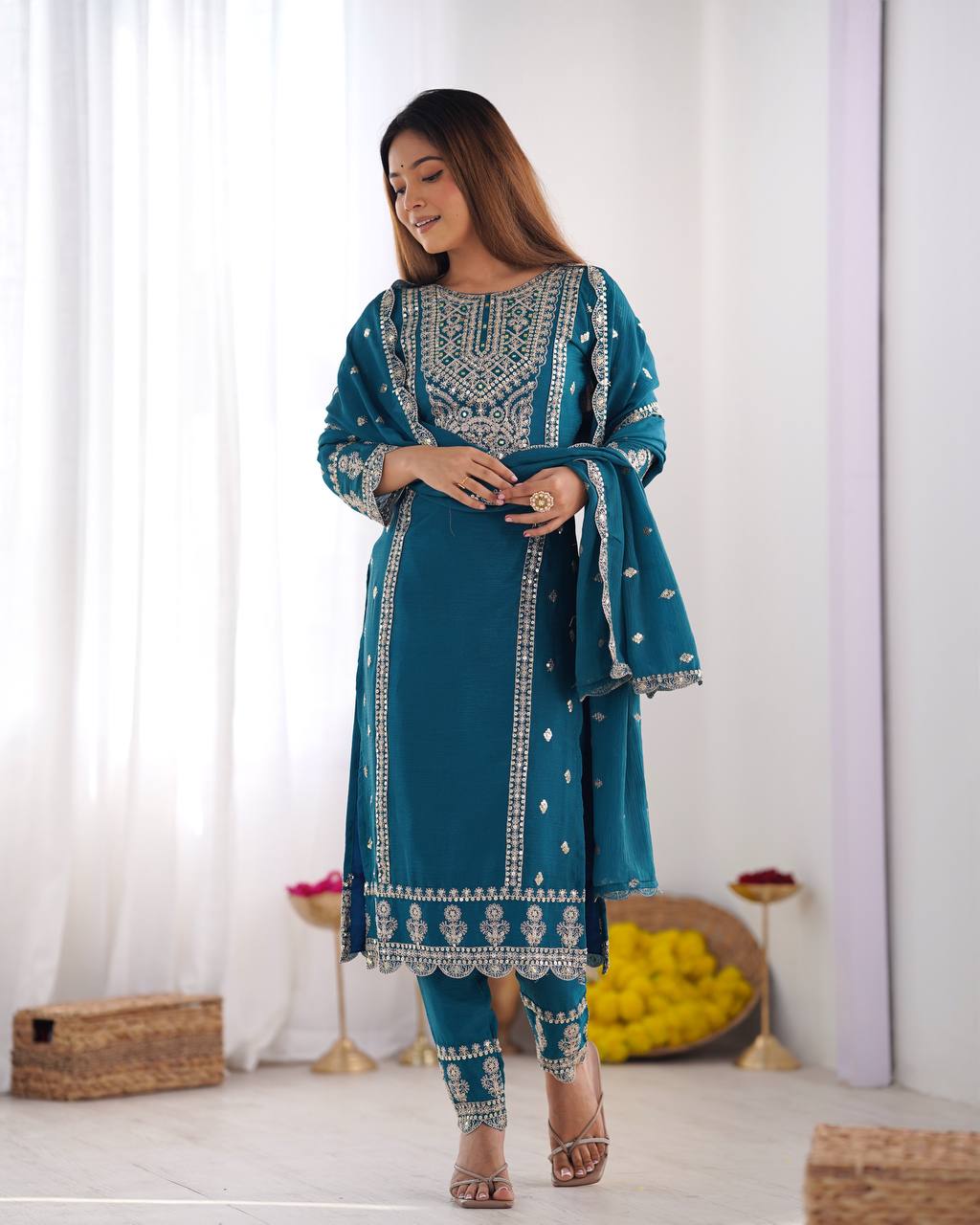 Fabulous Real Mirror Khatli Work Teal Blue Color Salwar Suit