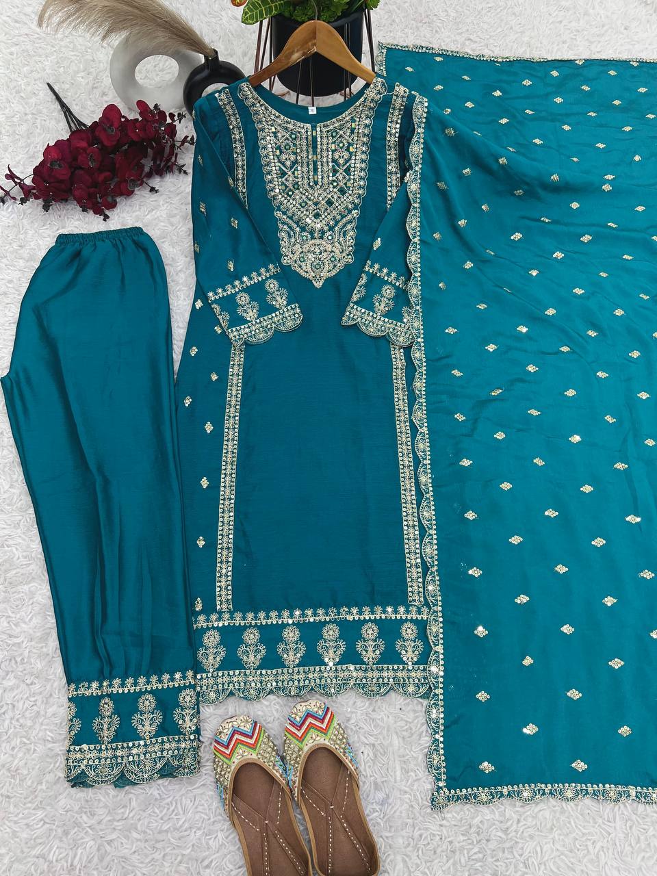 Fabulous Real Mirror Khatli Work Teal Blue Color Salwar Suit