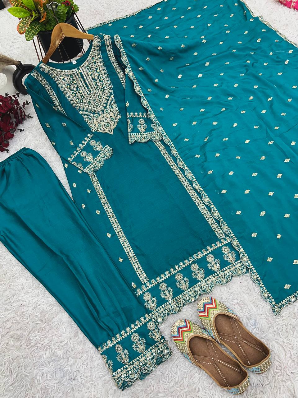 Fabulous Real Mirror Khatli Work Teal Blue Color Salwar Suit