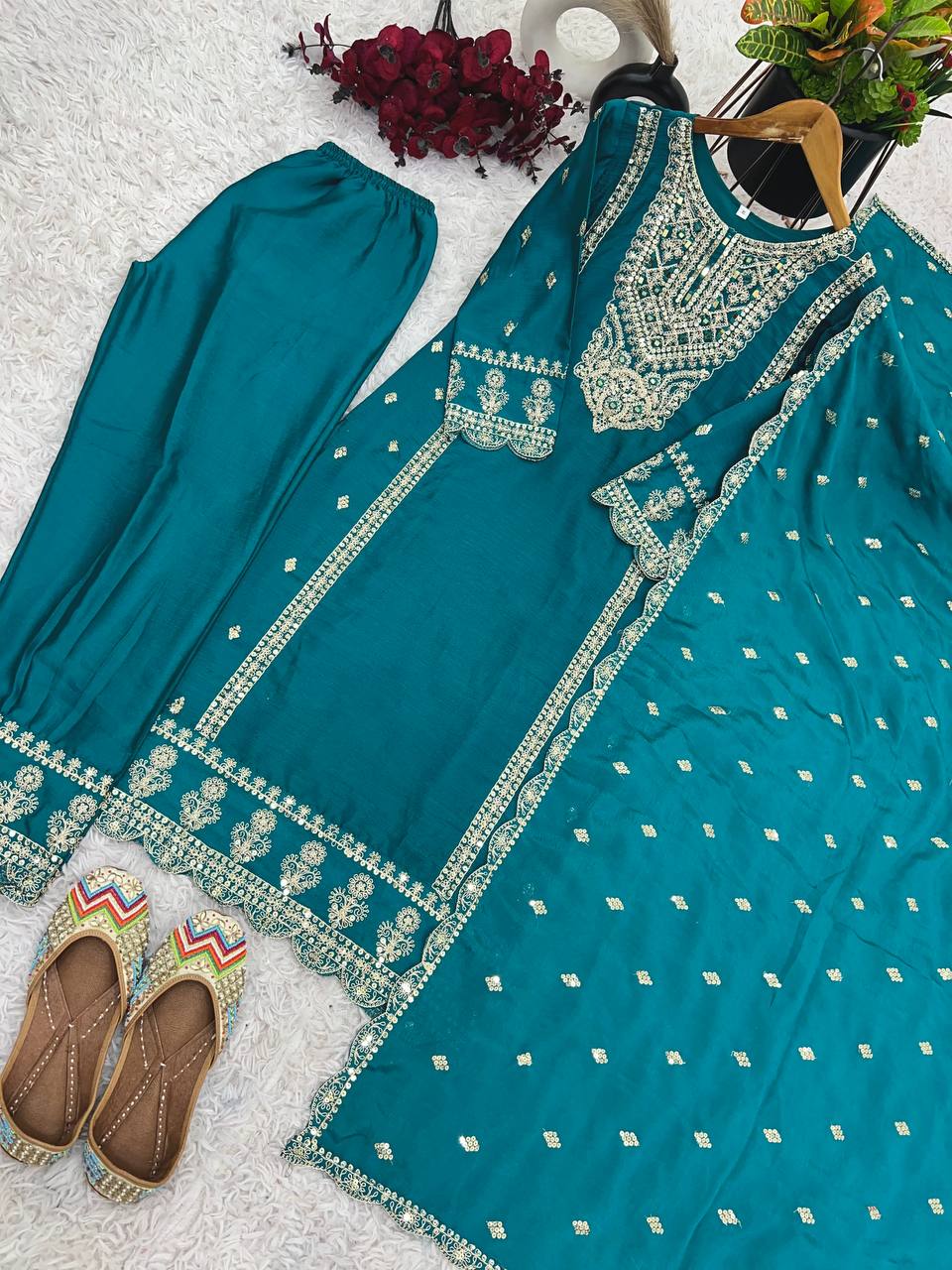 Fabulous Real Mirror Khatli Work Teal Blue Color Salwar Suit