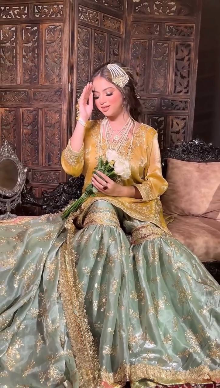 Fabulous Jimmy Cho Yellow And Sky Blue Color Sharara Suit