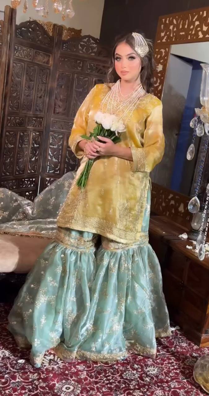 Fabulous Jimmy Cho Yellow And Sky Blue Color Sharara Suit