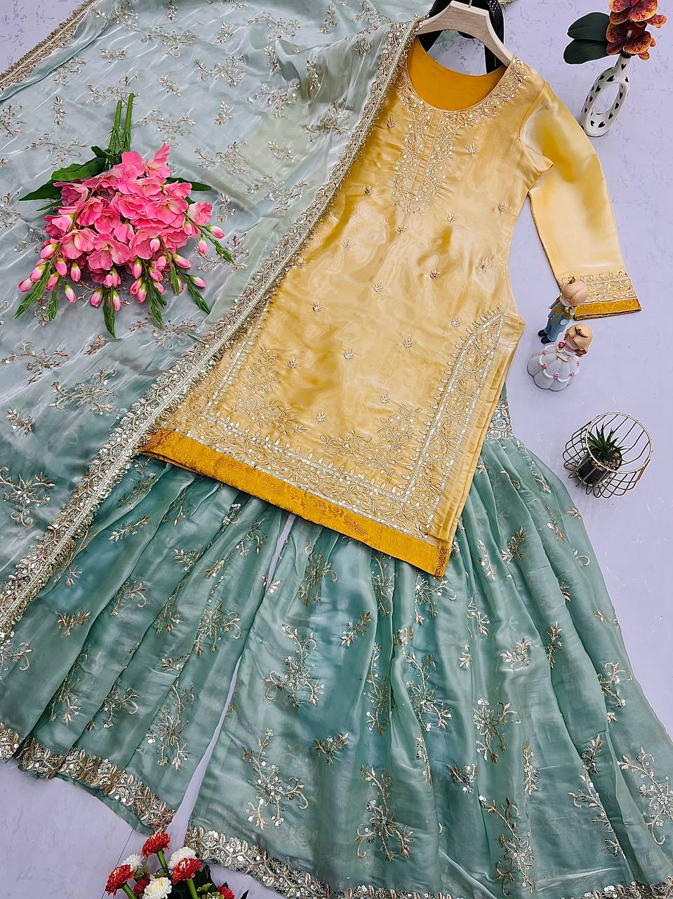 Fabulous Jimmy Cho Yellow And Sky Blue Color Sharara Suit