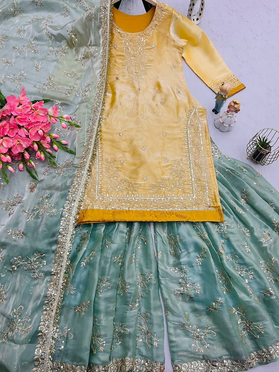 Fabulous Jimmy Cho Yellow And Sky Blue Color Sharara Suit