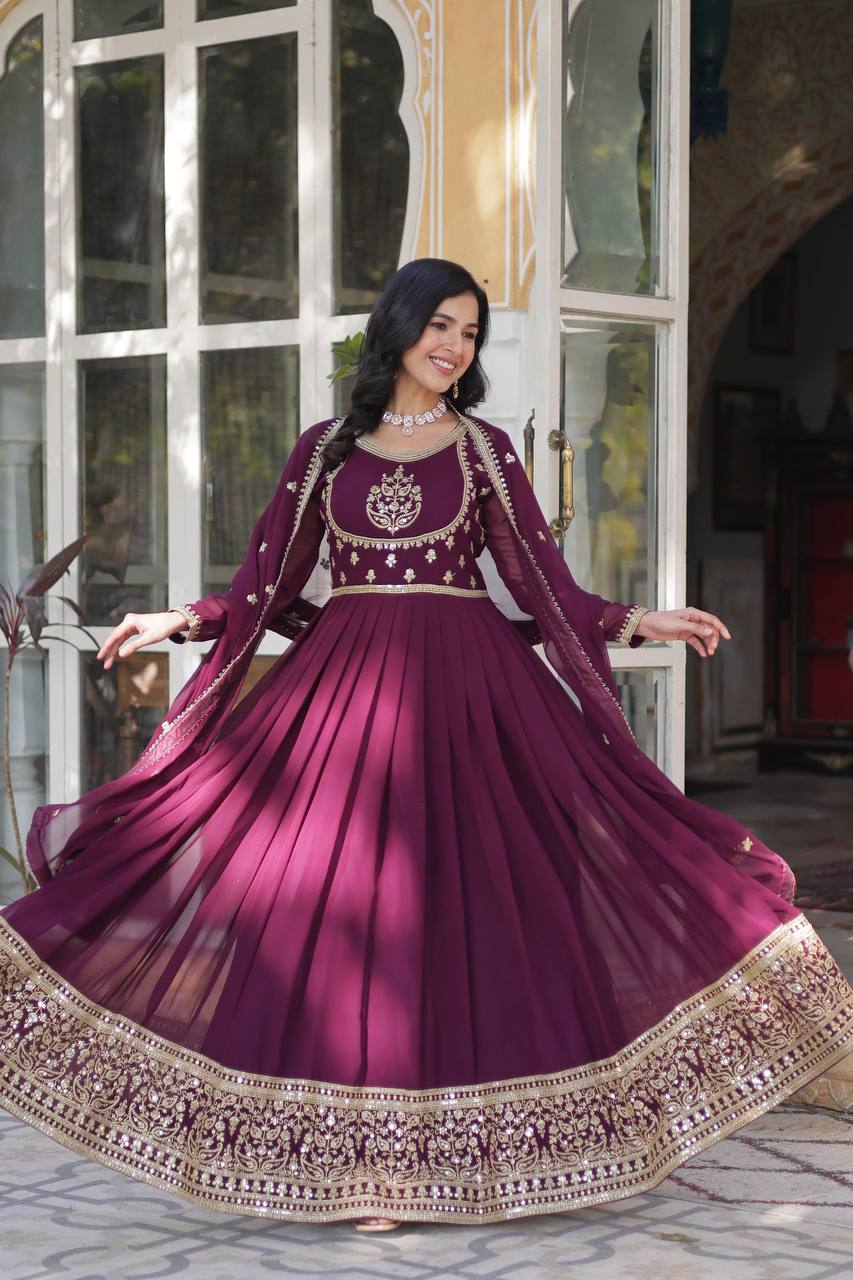 Outstanding Rich Sequins work Wine Color Gown