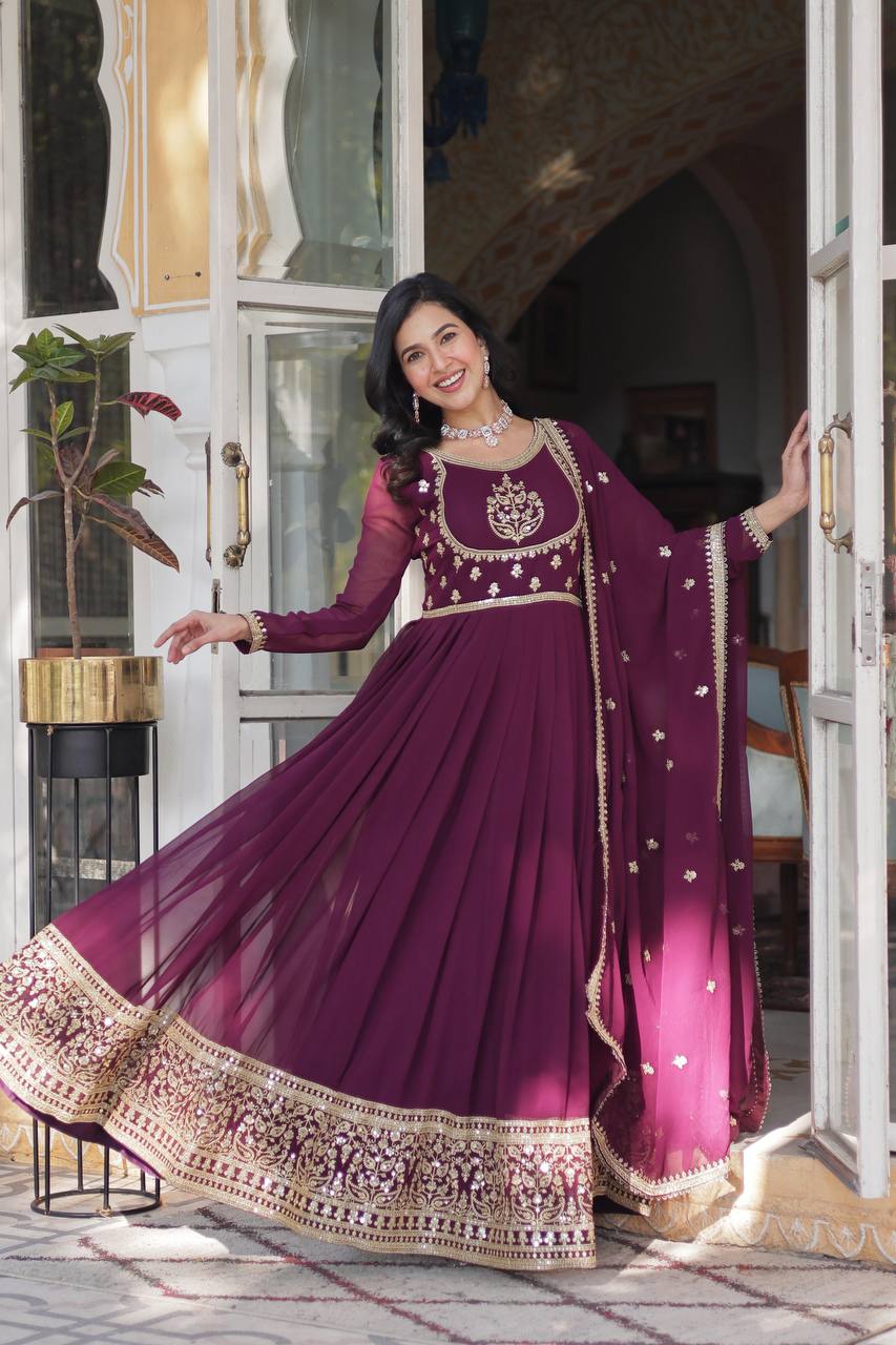 Outstanding Rich Sequins work Wine Color Gown