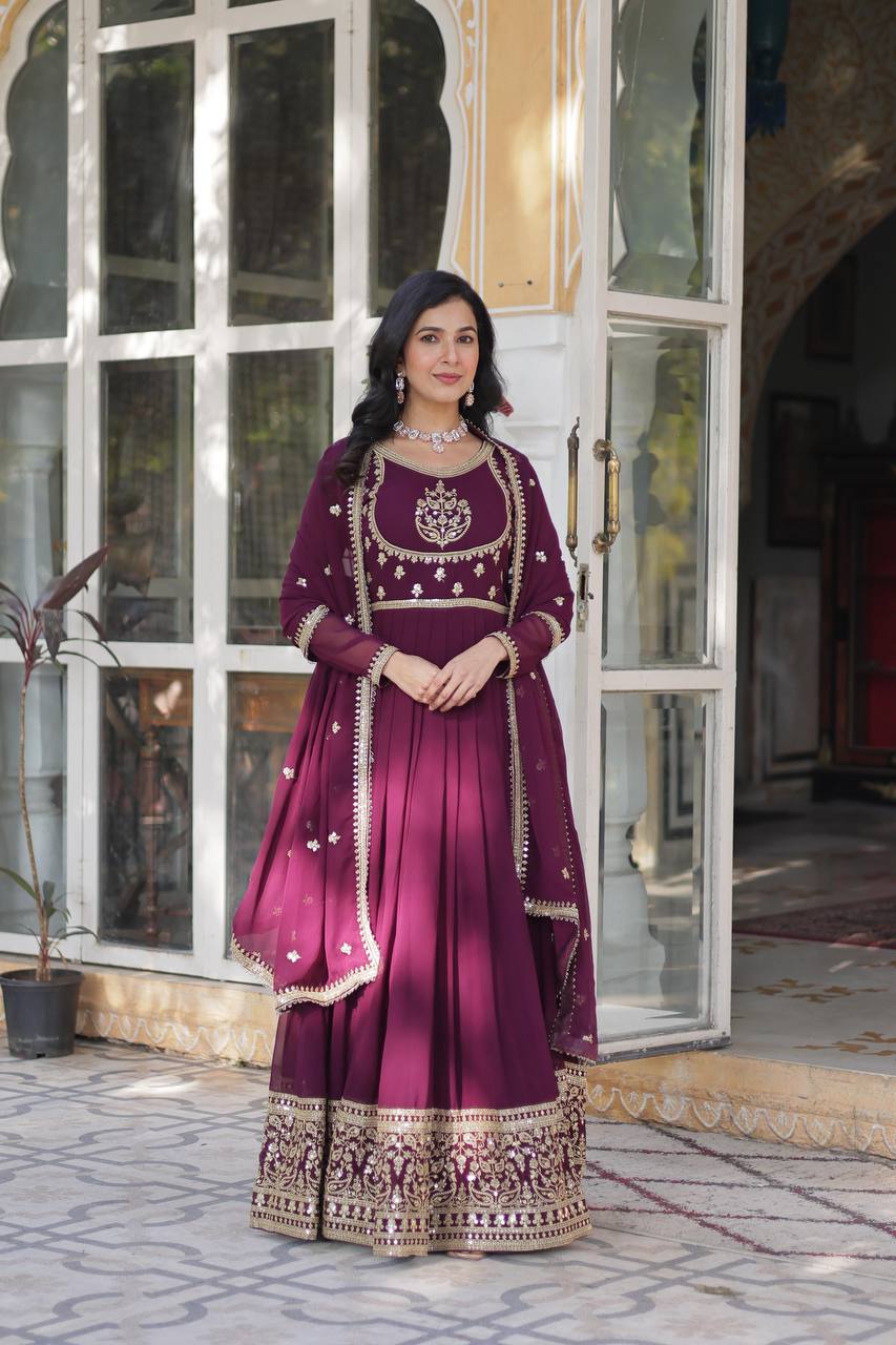 Outstanding Rich Sequins work Wine Color Gown