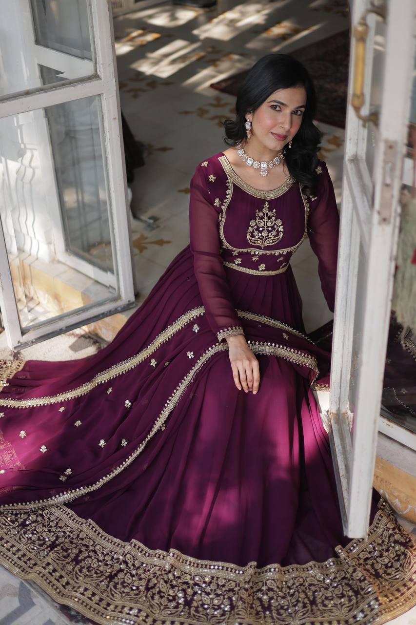 Outstanding Rich Sequins work Wine Color Gown