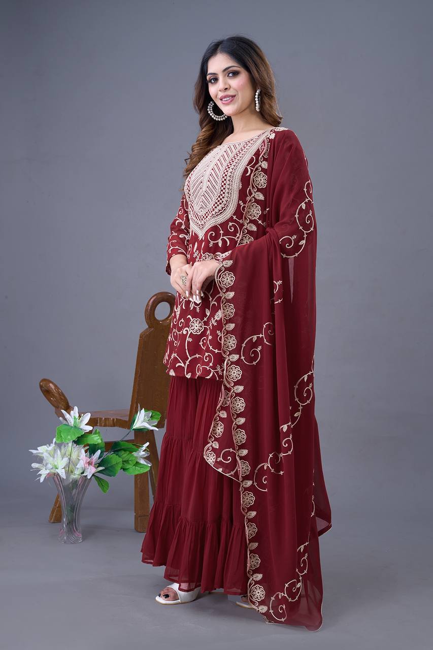 Heavy Embroidery Work Maroon Color Sharara Suit