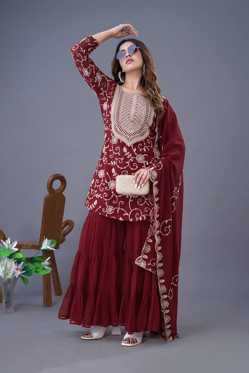 Heavy Embroidery Work Maroon Color Sharara Suit