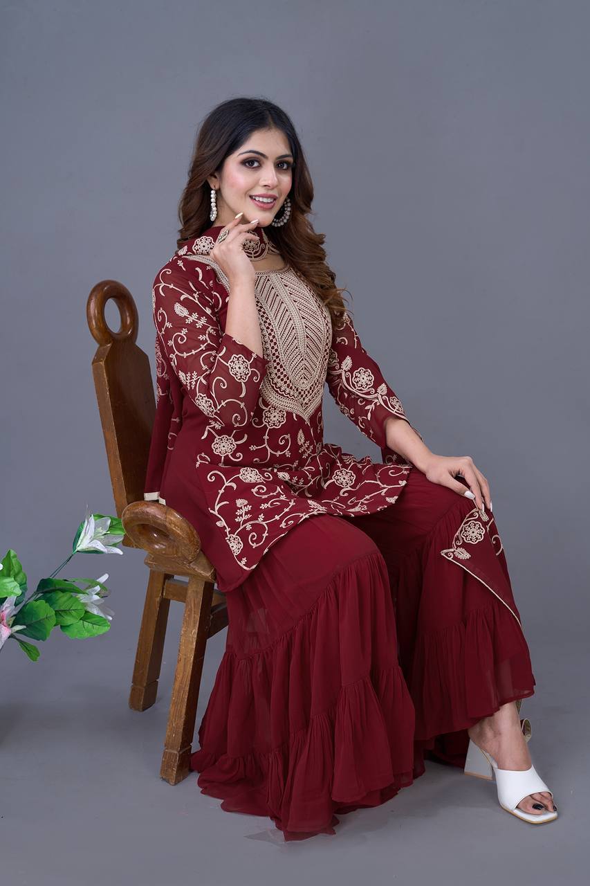 Heavy Embroidery Work Maroon Color Sharara Suit