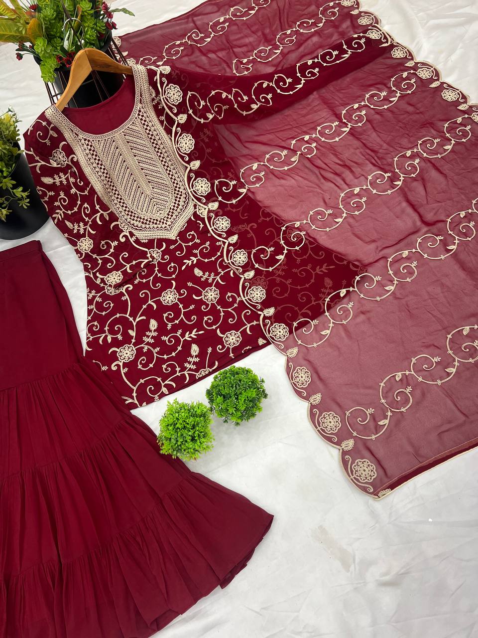 Heavy Embroidery Work Maroon Color Sharara Suit
