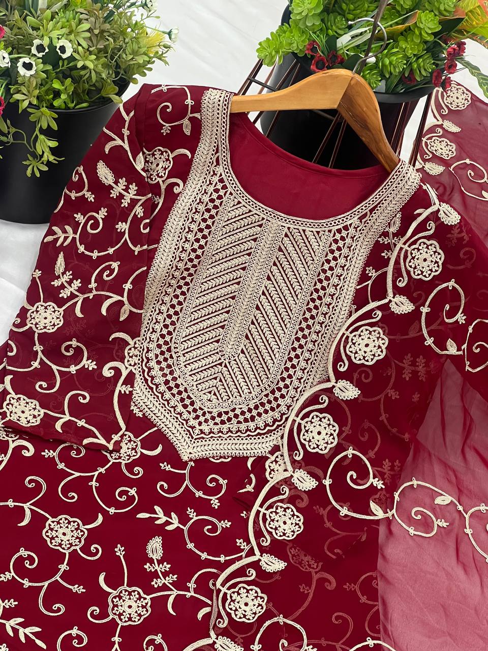 Heavy Embroidery Work Maroon Color Sharara Suit