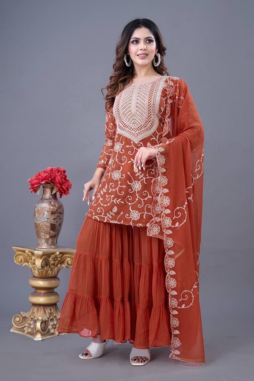 Heavy Embroidery Work Orange Color Sharara Suit