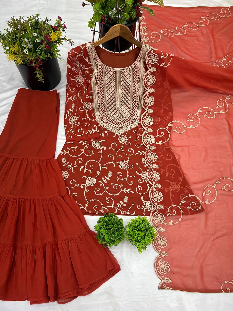 Heavy Embroidery Work Orange Color Sharara Suit