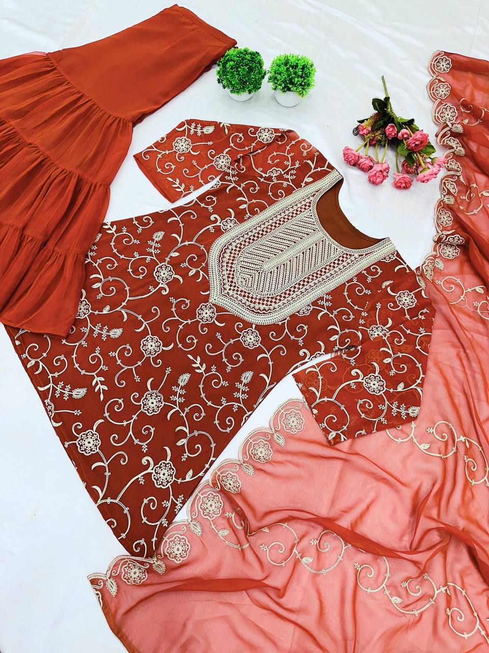 Heavy Embroidery Work Orange Color Sharara Suit