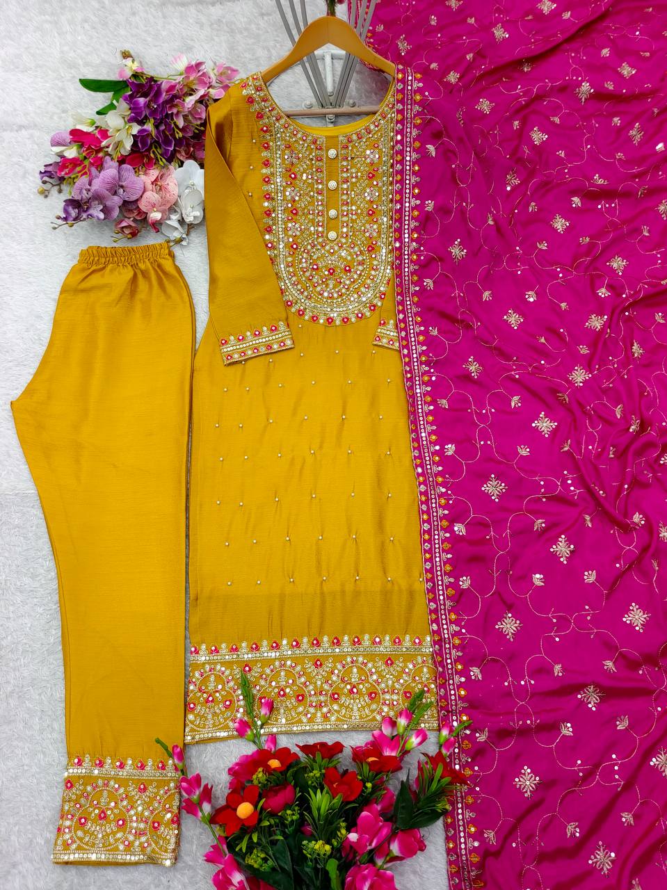 Delightful Ravet Moti Work Yellow Color Salwar Suit