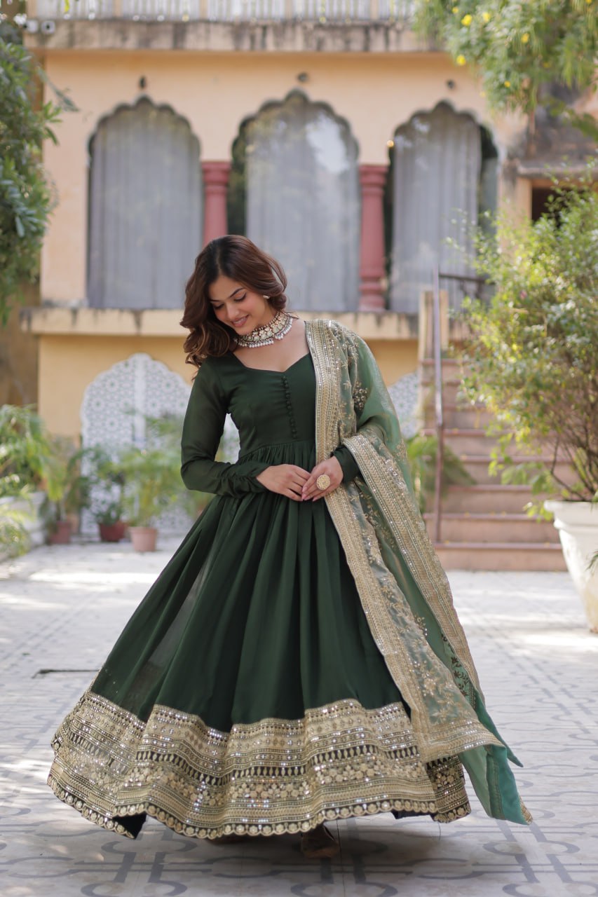Imposing Vichitra Mehndi Green Color Gown