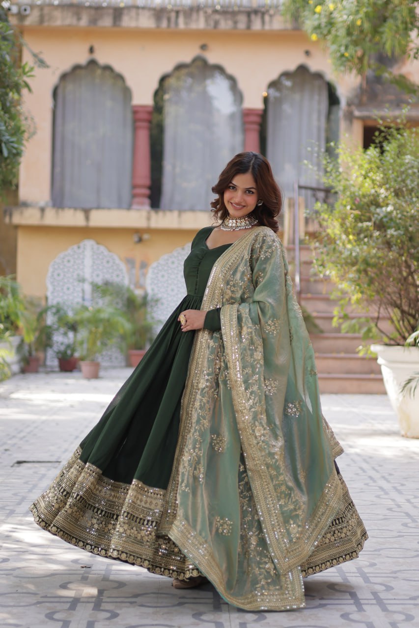 Imposing Vichitra Mehndi Green Color Gown