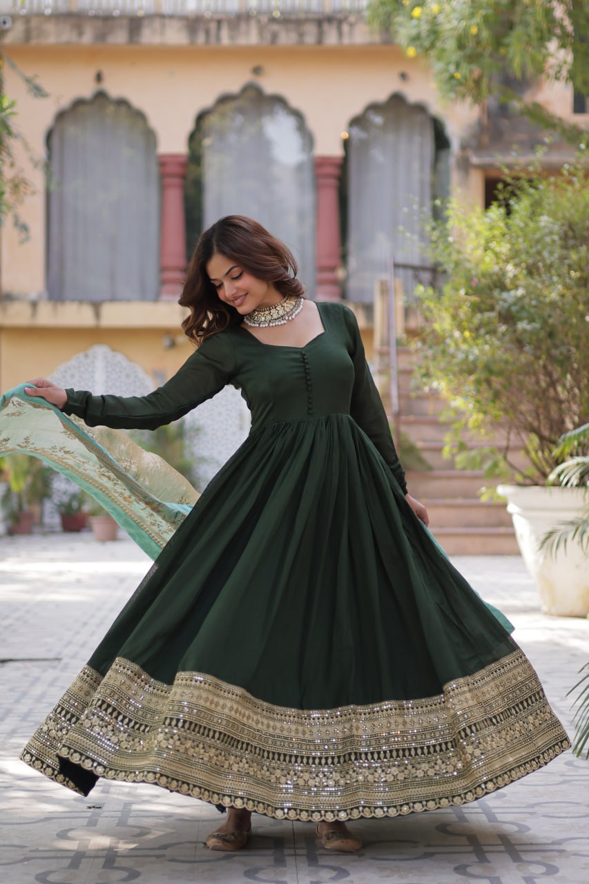 Imposing Vichitra Mehndi Green Color Gown