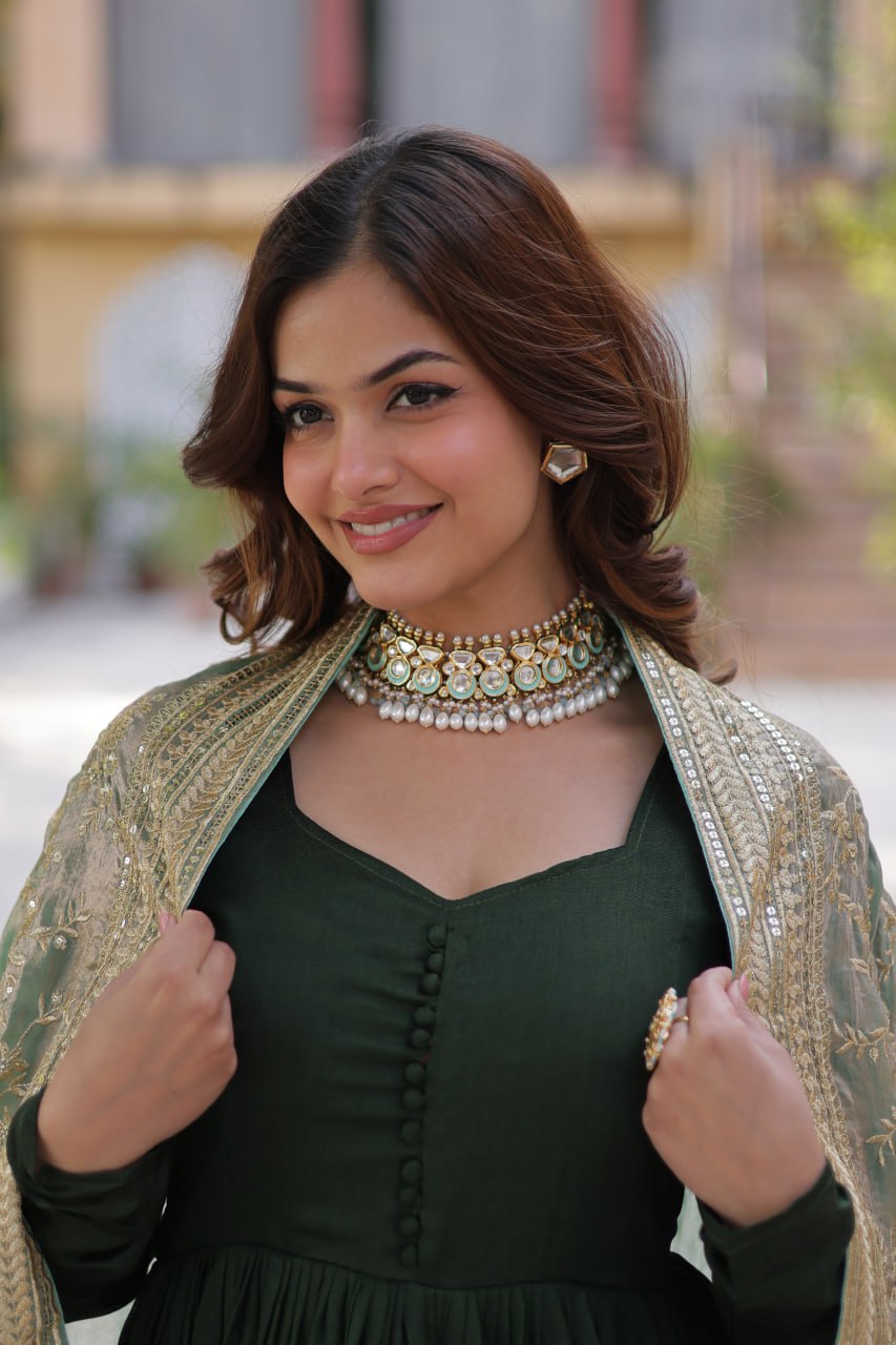 Imposing Vichitra Mehndi Green Color Gown
