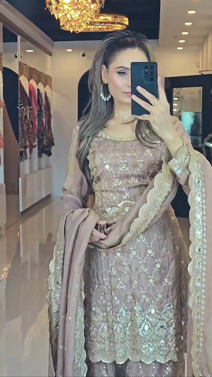Elegant Chinnon Silk Beige Color Sharara Suit